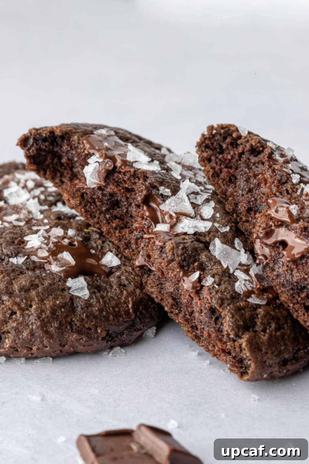 A mouthwatering close-up of a double chocolate vegan cookie, expertly cut in half to reveal its rich, gooey center filled with melted chocolate chunks.