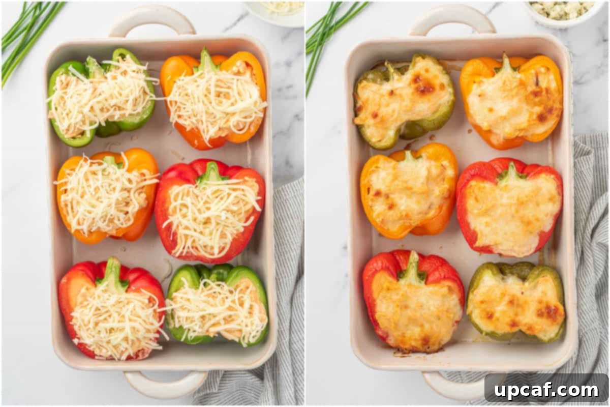 Before and after comparison of cheese-topped keto stuffed peppers with chicken, showing pre-baked and golden-baked states.