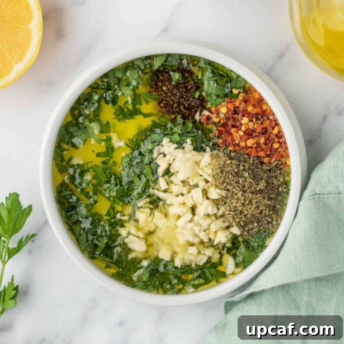 Flame-Kissed Garlic Prawns 4 Mixing ingredients for garlic citrus marinade in a small bowl.