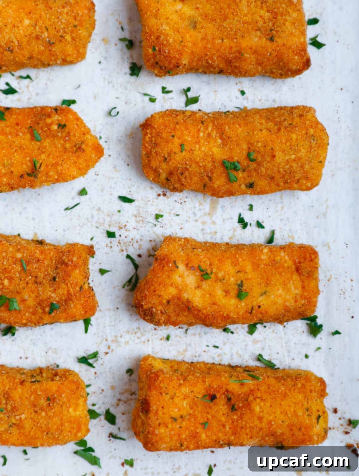Crispy salmon fish sticks fresh out of the oven on a baking tray.