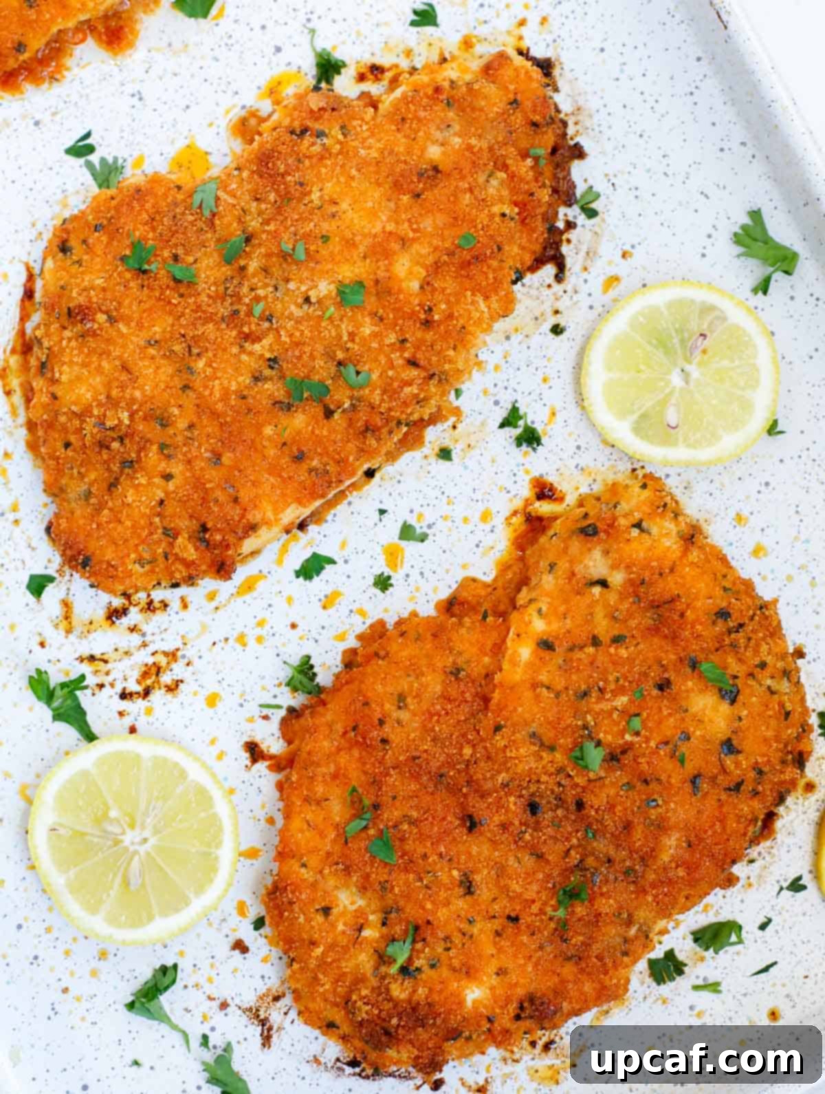 Closeup of parmesan and panko crusted chicken cutlets on a tray.