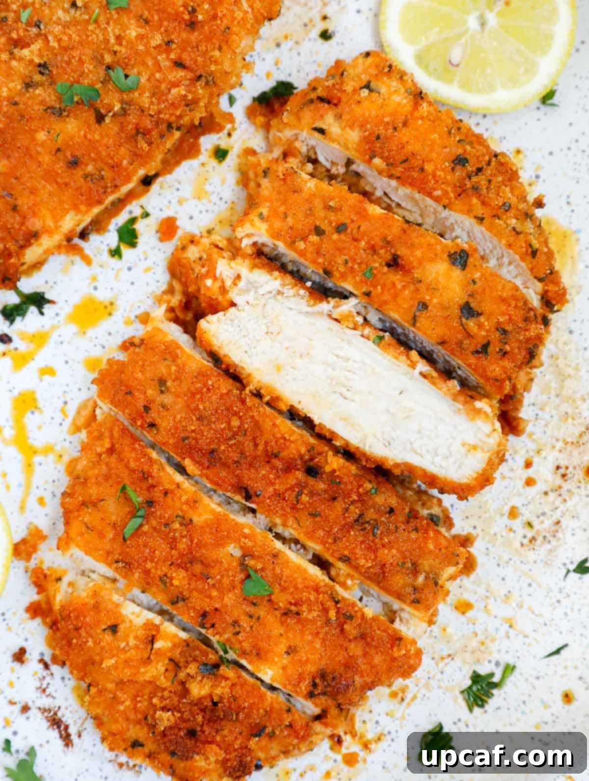 A sliced panko crusted chicken cutlet ready to be served.