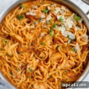 A skillet of chicken and spicy pasta sauce.