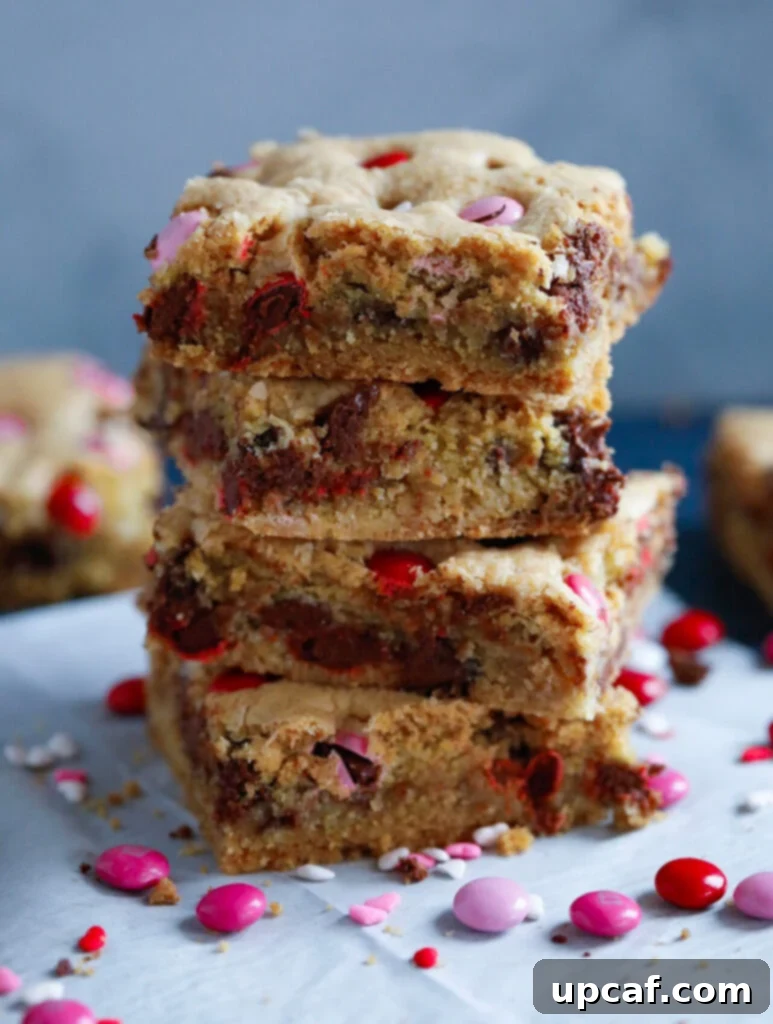 Delightful Valentine's M&M Chocolate Chip Cookie Bars, perfect for sharing love.