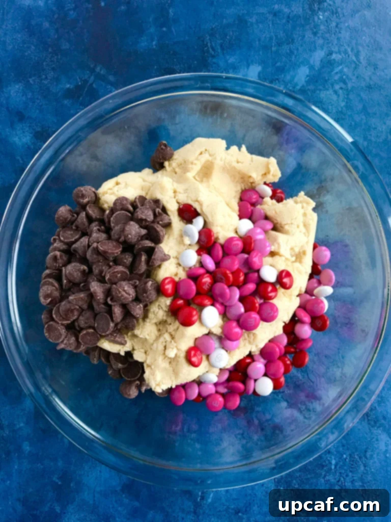 Step-by-step preparation for Valentine's M&M Chocolate Chip Cookie Bars.