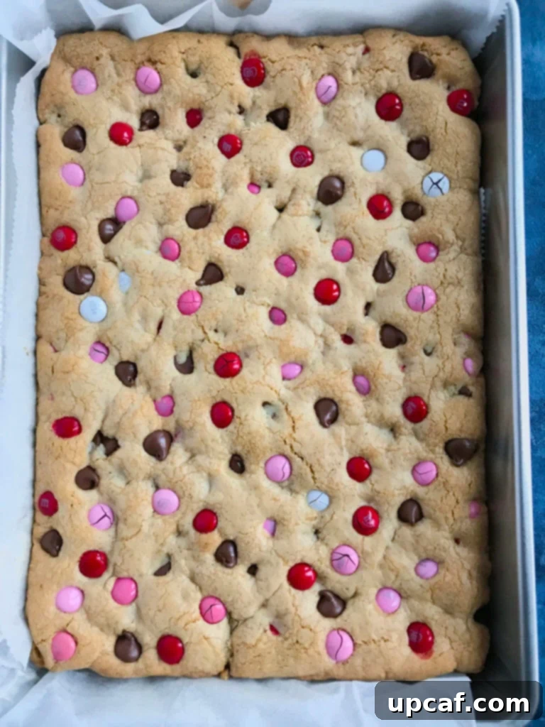 Close-up of baked M&M chocolate chip cookie bars, warm and delicious.