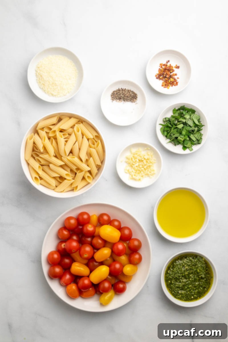 Bursting Cherry Tomato Pesto Pasta 3 ingredient shot of the cherry tomato pesto pasta
