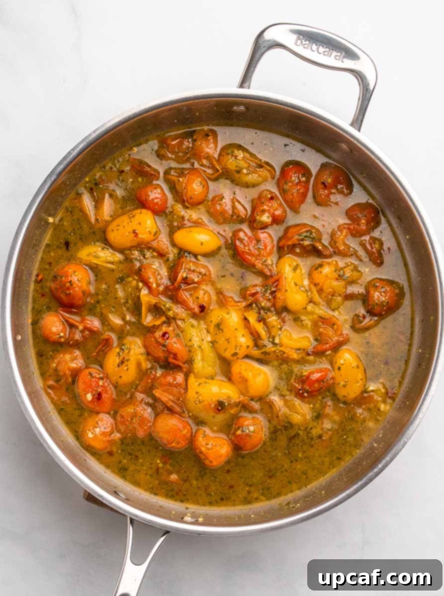 Bursting Cherry Tomato Pesto Pasta 7 tomato pesto sauce in a skillet