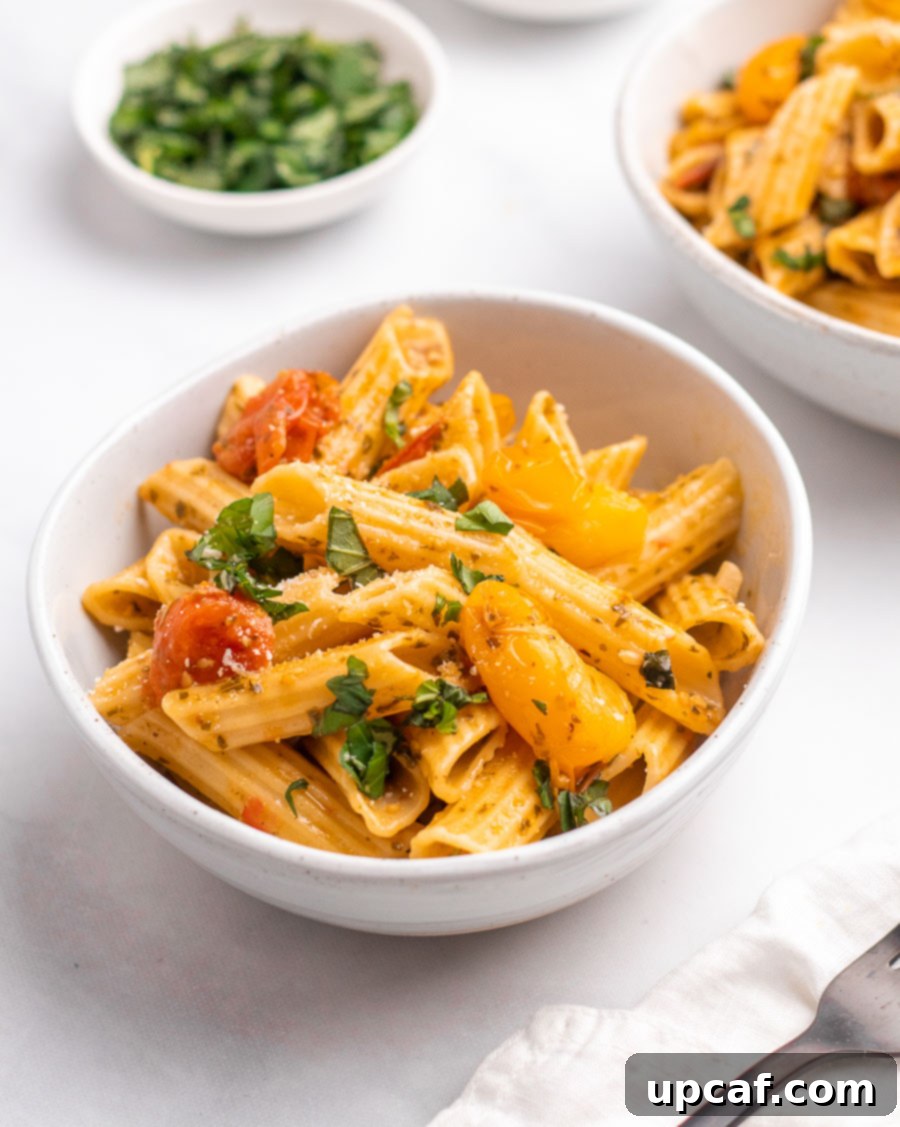 Bursting Cherry Tomato Pesto Pasta 10 cherry tomato pasta in a whole bowl