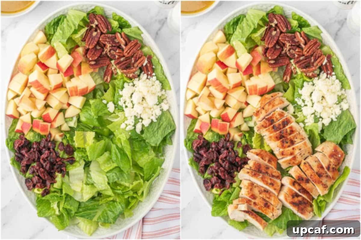 Fall Harvest Chopped Chicken Salad 6 Step-by-step process of assembling the healthy autumn chicken salad, from mixing ingredients to adding dressing.