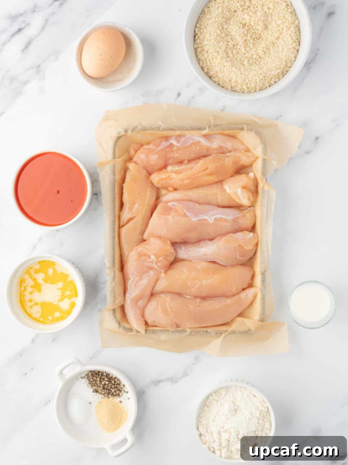 Ingredients needed for baked buffalo chicken tenders.
