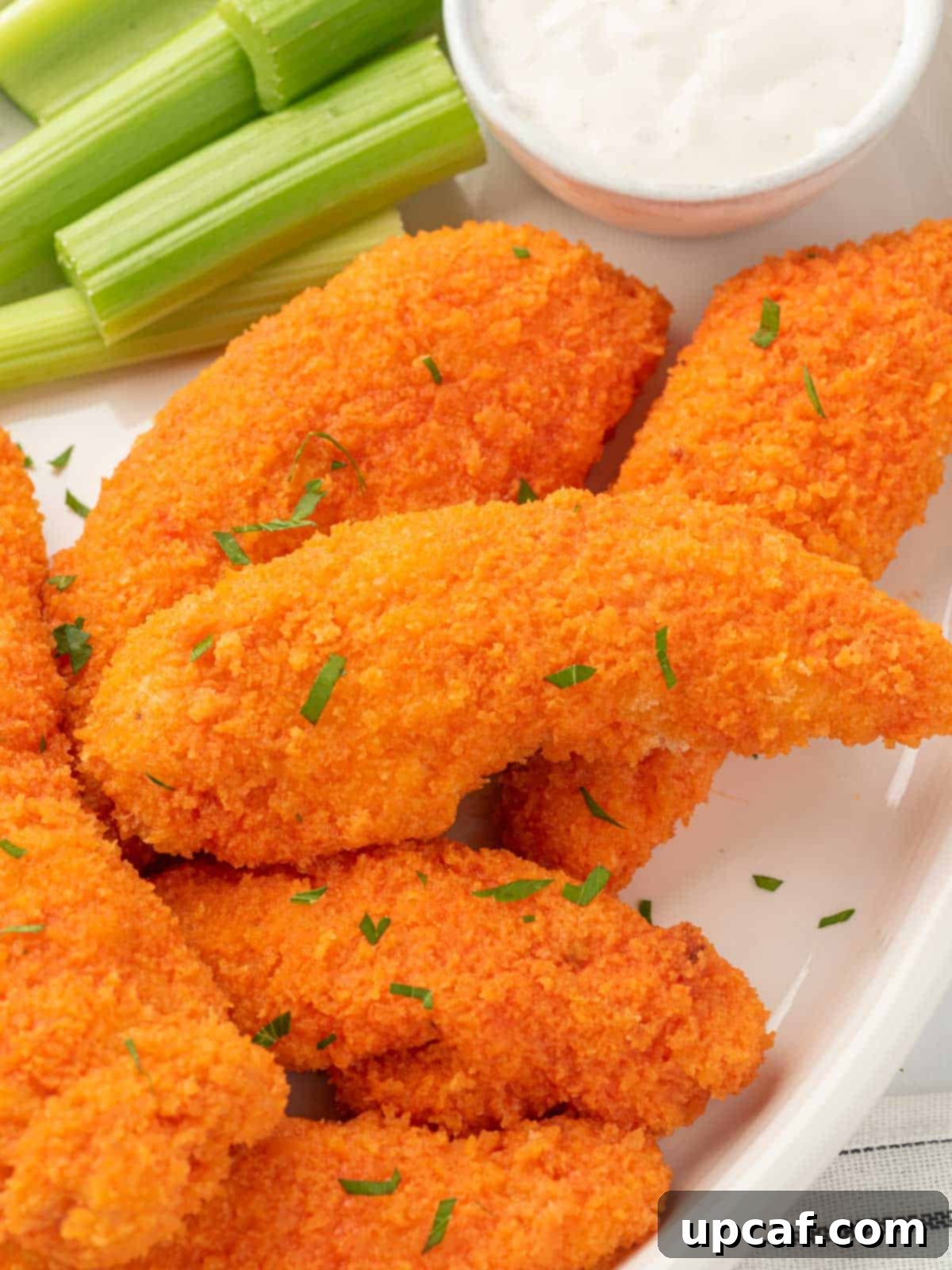 Buffalo chicken tender recipe with dip.