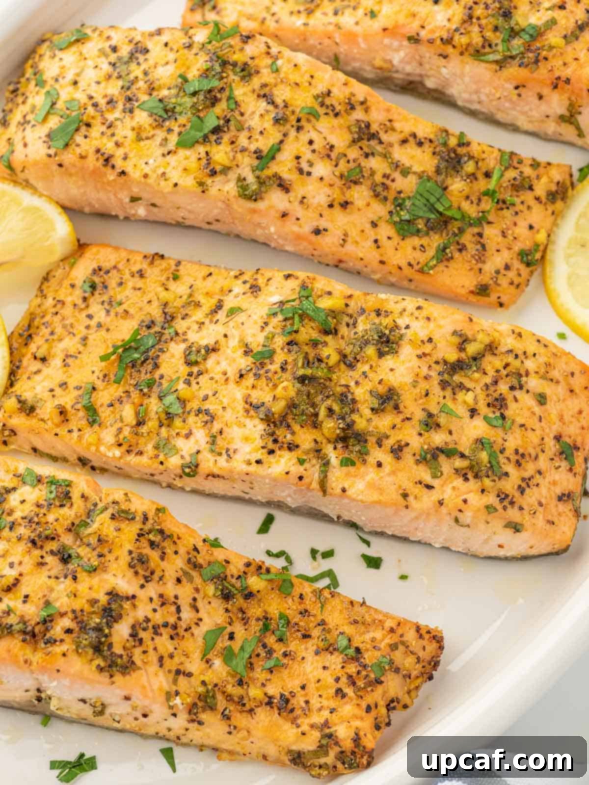 Zesty Lemon Pepper Salmon 6 Platter of baked lemon pepper salmon garnished with fresh lemon slices and parsley.