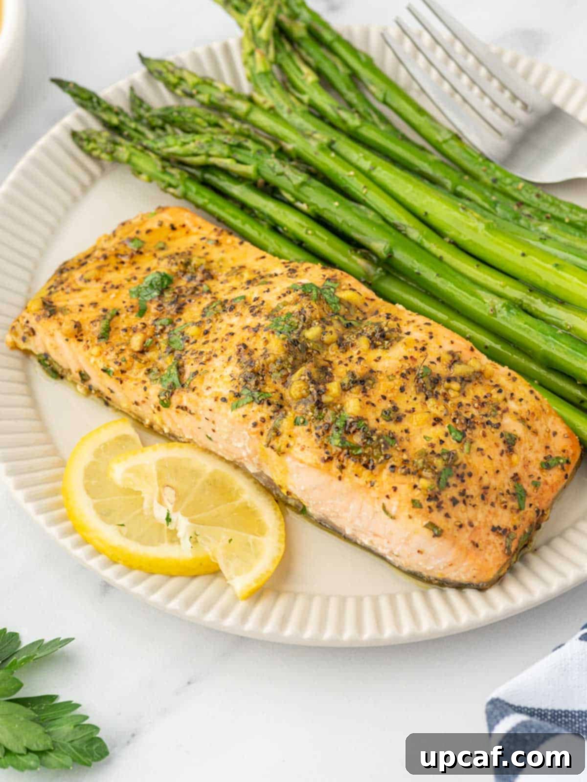 Zesty Lemon Pepper Salmon 7 A plate featuring a perfectly baked lemon pepper salmon fillet alongside fresh asparagus.