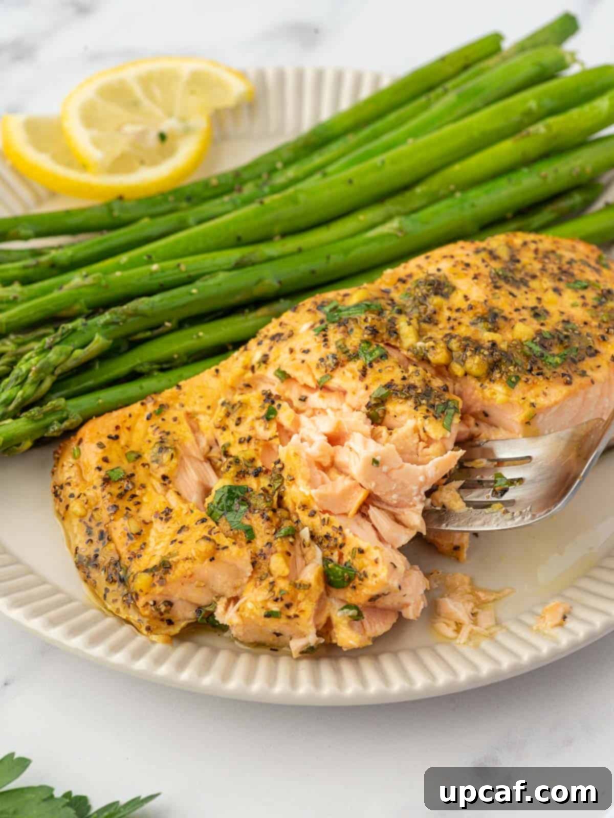 Zesty Lemon Pepper Salmon 8 A close-up of a plate of perfectly flaky lemon pepper salmon.