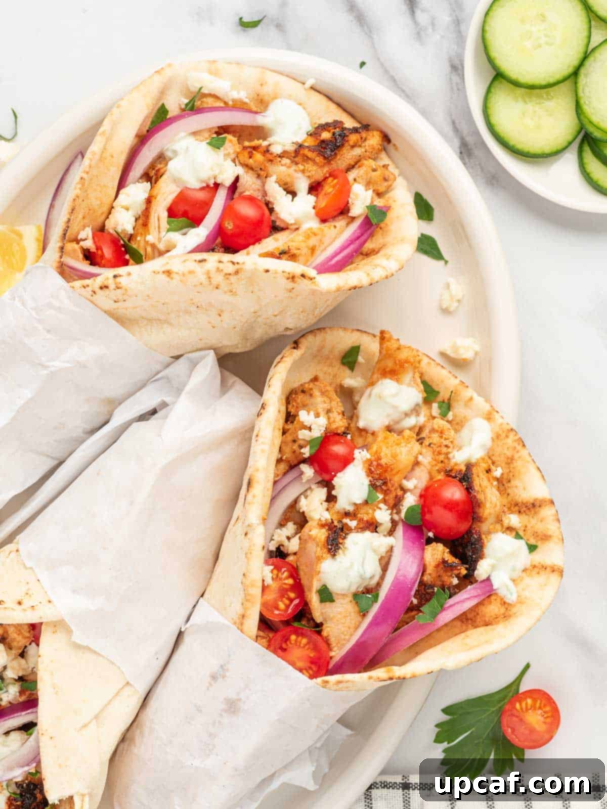 Homemade Greek chicken gyros on a plate with fresh ingredients and Tzatziki sauce.