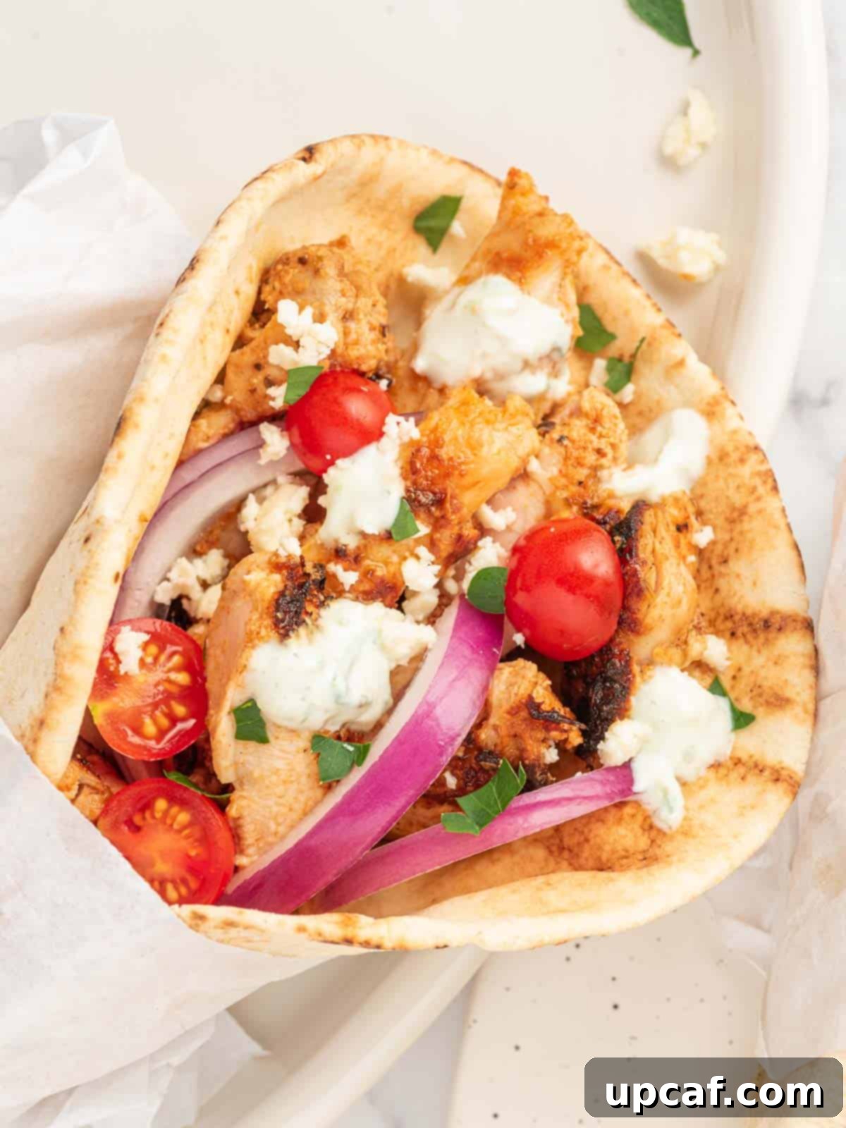 Closeup of Greek Chicken Gyros with Tzatziki Sauce, garnished with fresh herbs.