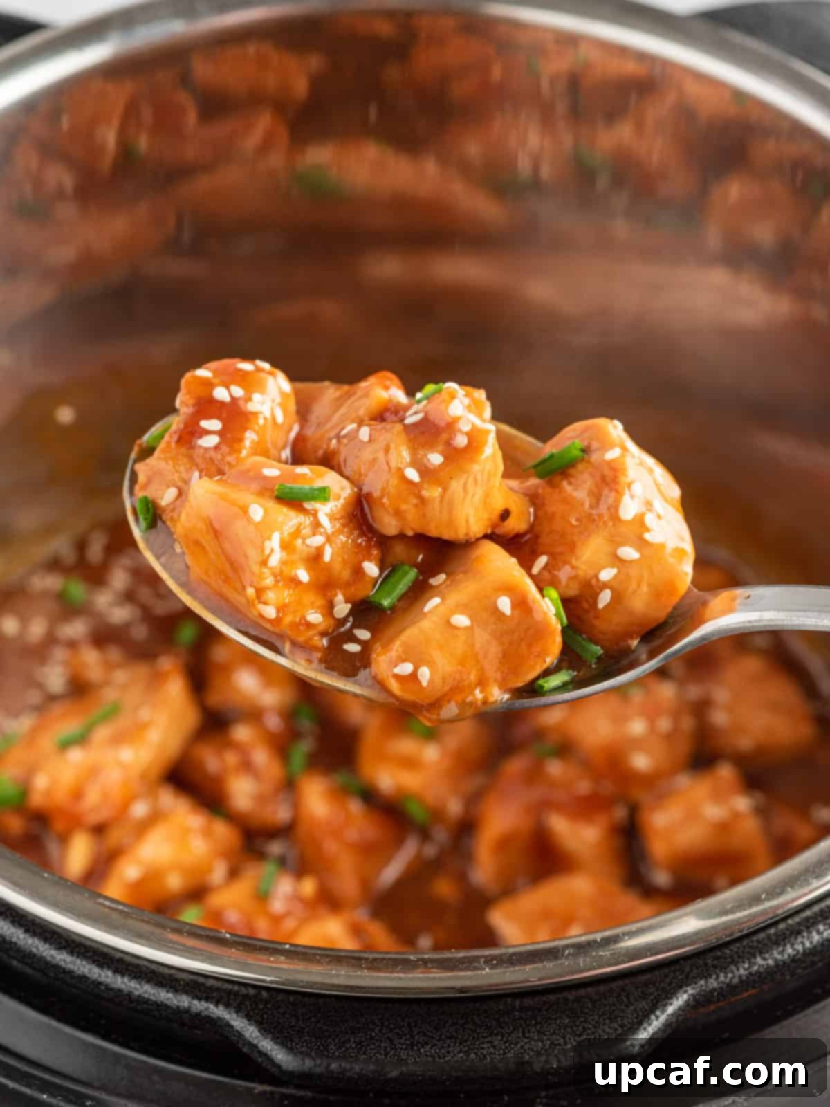 A spoon scoops chicken with sesame sauce out of pressure cooker.