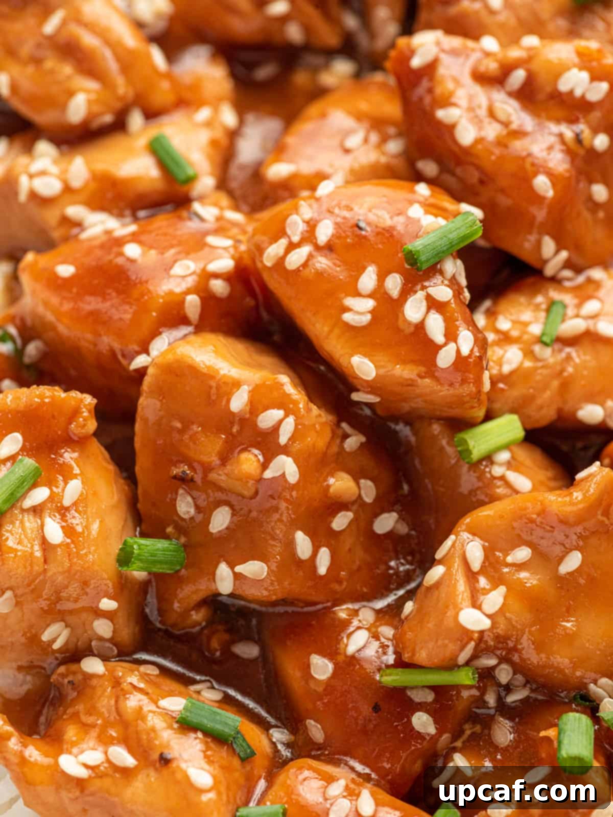 Closeup if chinese chicken with sesame sauce.