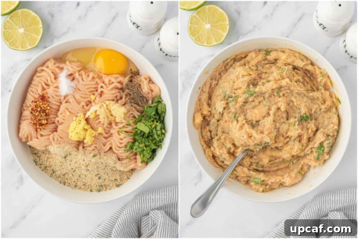 Thai Spiced Chicken Meatballs 4 A bowl filled with ground chicken mixture, expertly combined with eggs, breadcrumbs, cilantro, garlic, ginger, and red pepper flakes, ready to be formed into meatballs.