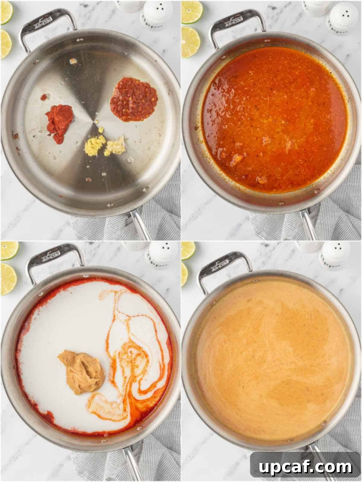 Thai Spiced Chicken Meatballs 6 Ingredients for the Thai coconut curry sauce, including coconut milk, peanut butter, and spices, being combined in a skillet, creating a rich and fragrant base.