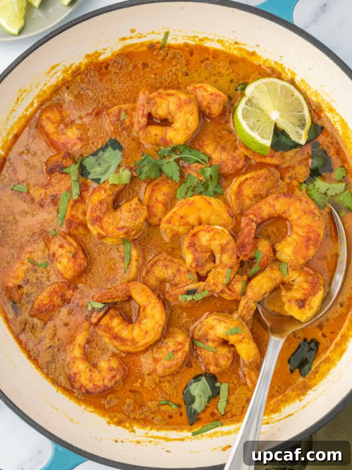 A pot of red curry shrimp with a spoon.