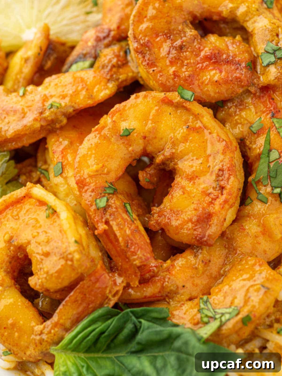 Closeup of shrimp garnished with basil.