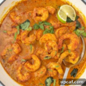 A pot of red curry shrimp with a spoon.
