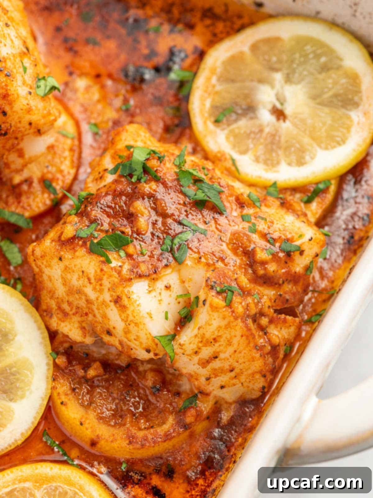 Cajun Garlic Butter Baked Cod 5 Closeup of cajun baked cod.