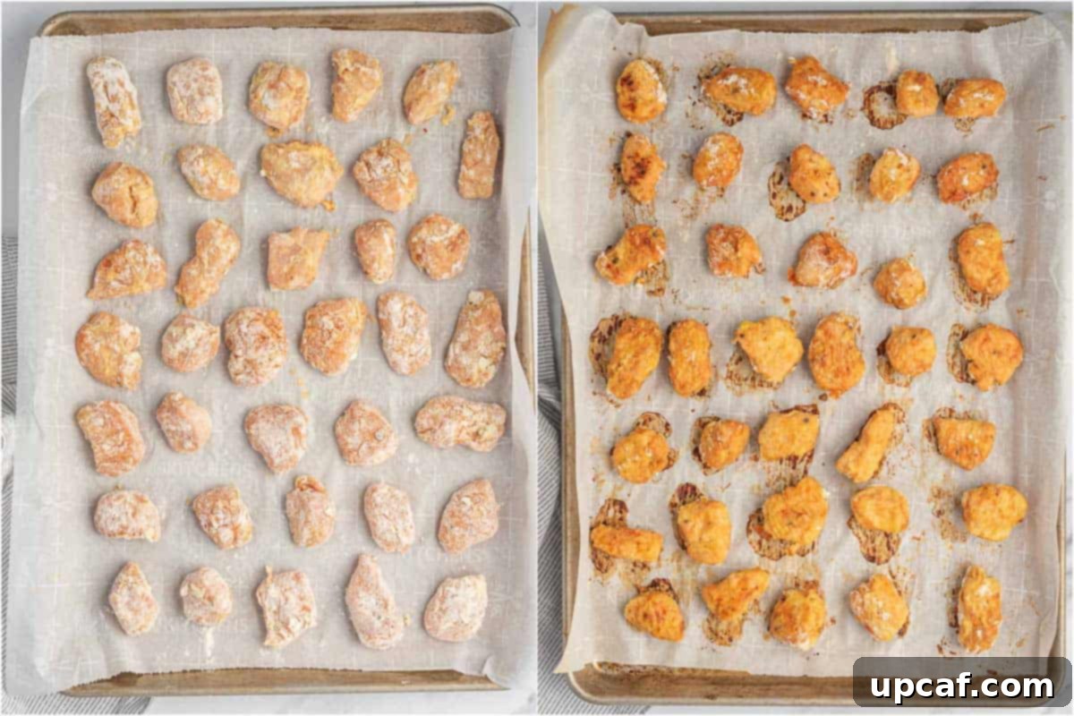 A comparison photo showing unbaked chicken bites arranged on a baking sheet next to a tray of beautifully golden-brown baked chicken bites.
