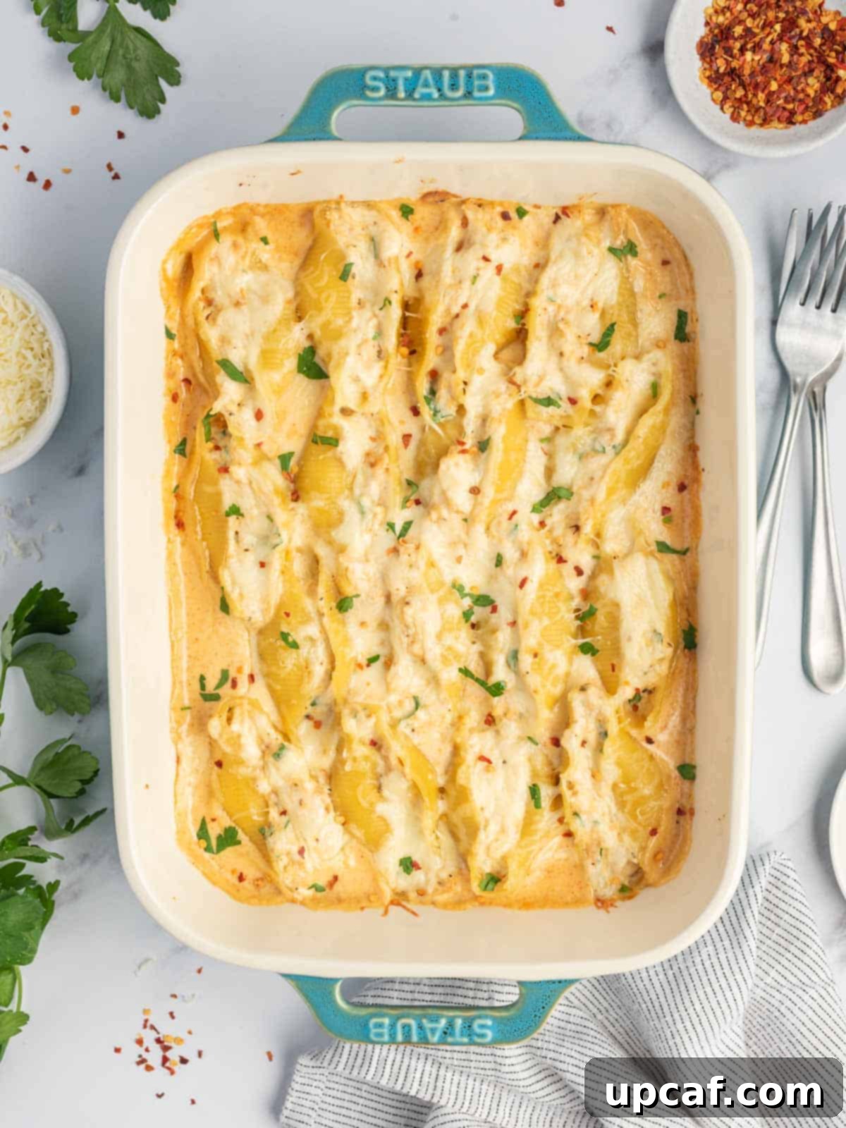 A baking dish with creamy cajun chicken alfredo.