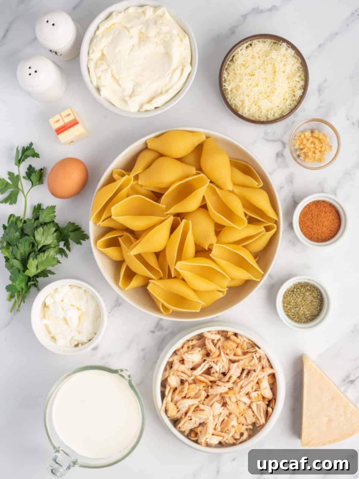 Ingredients needed for cajun chicken alfredo stuffed shells.