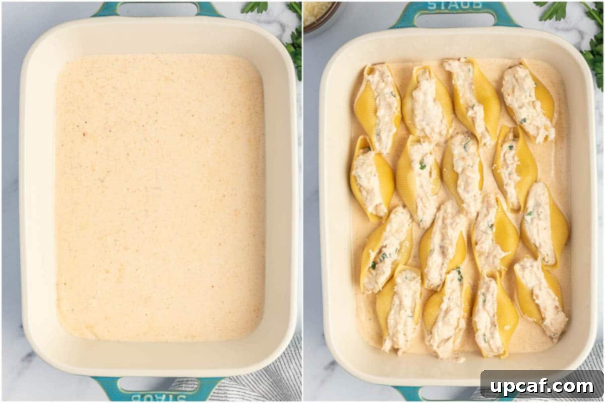 Layering alfredo sauce and stuffed shells in a baking dish.