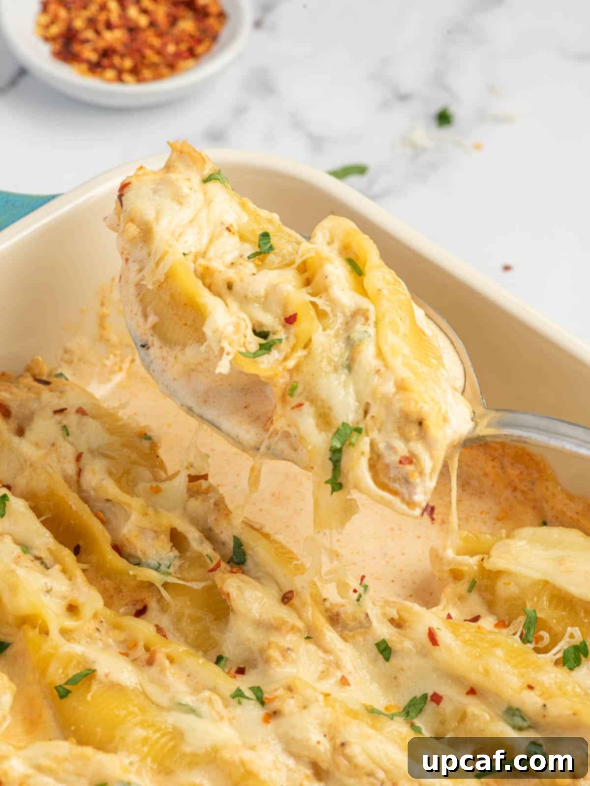 A spoonful of cajun alfredo pasta.