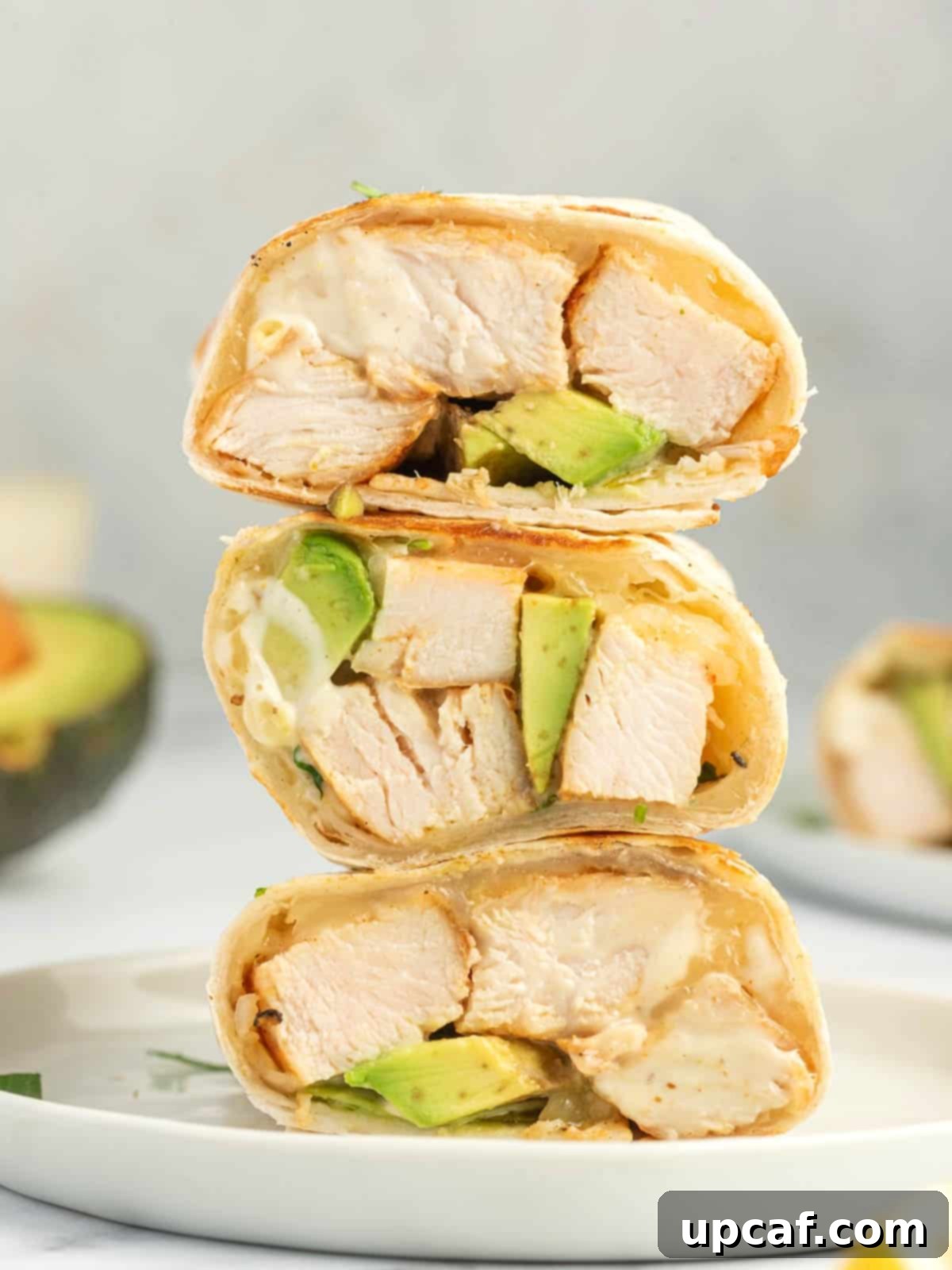Creamy Avocado Chicken Wrap 2 Grilled chicken, avocado and cheese in an easy chicken wrap stacked on a plate.