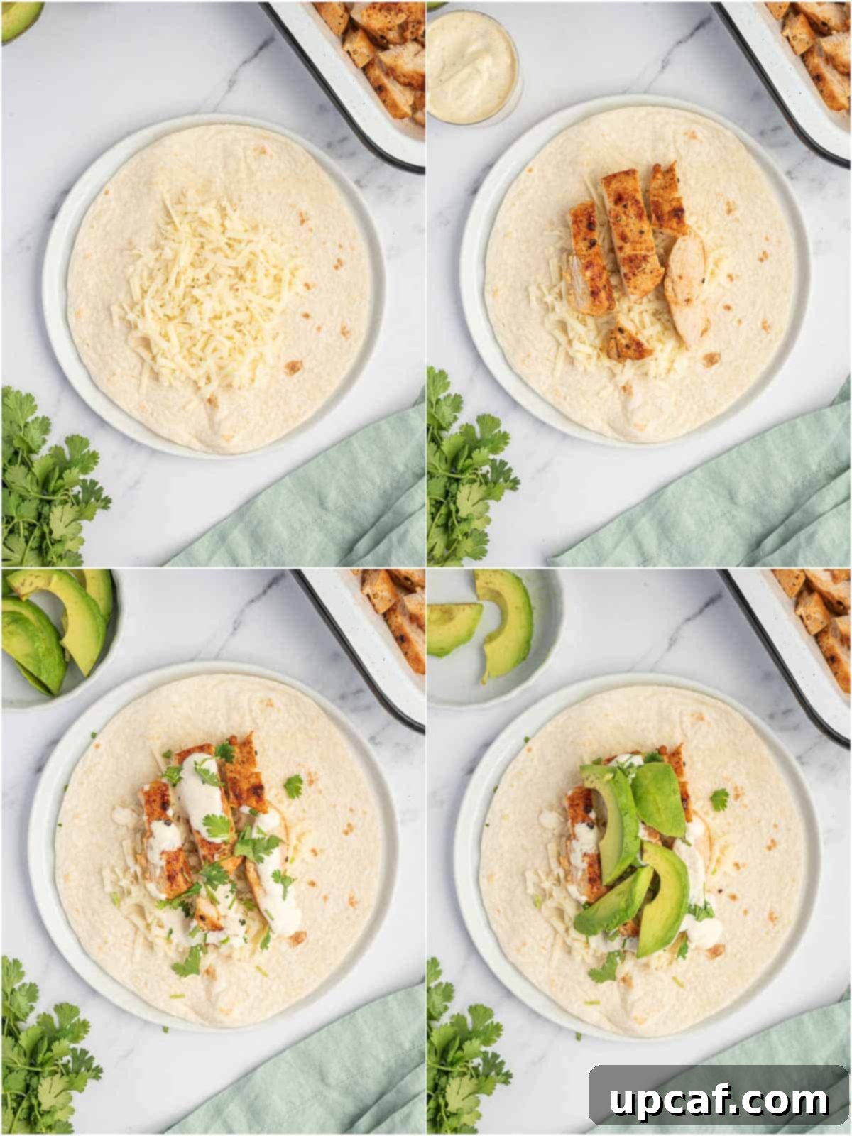 Creamy Avocado Chicken Wrap 5 Process photos of how to assemble a grilled chicken avocado sandwich wrap.