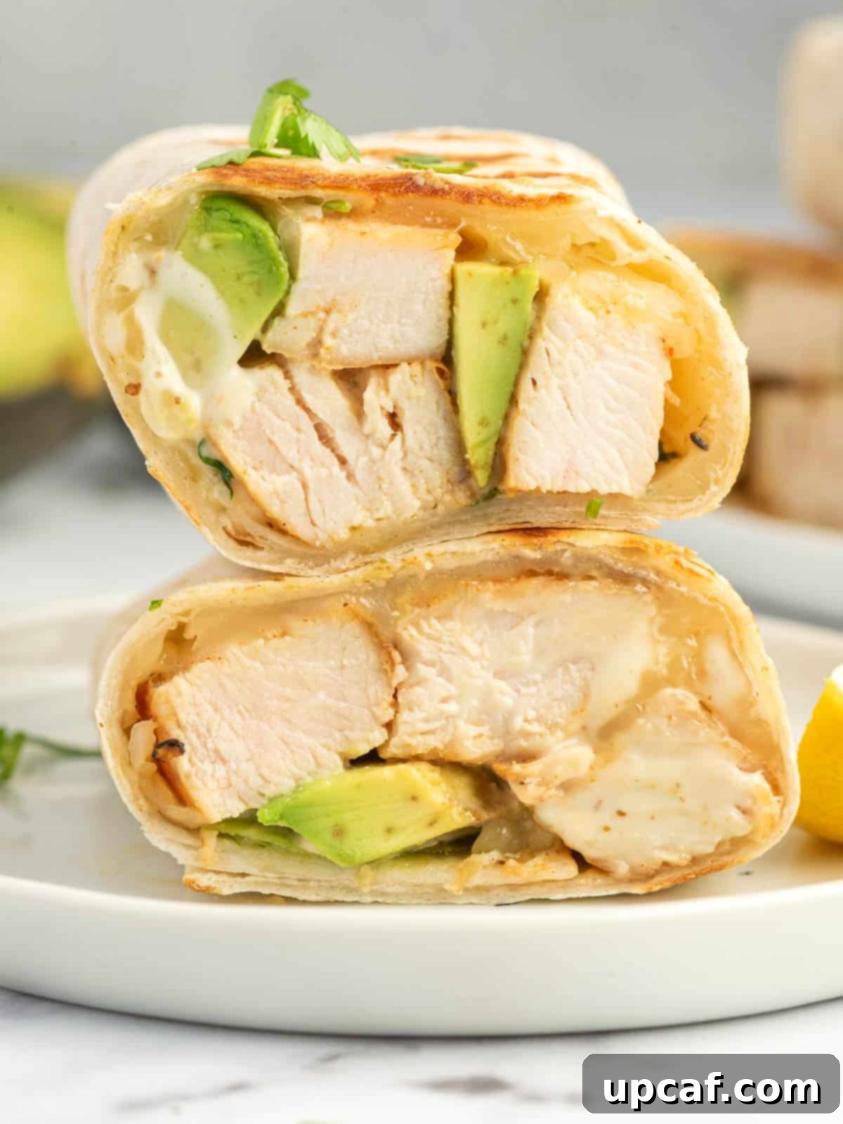 Creamy Avocado Chicken Wrap 8 A healthy chicken wrap with avocado sliced in half on a white plate.