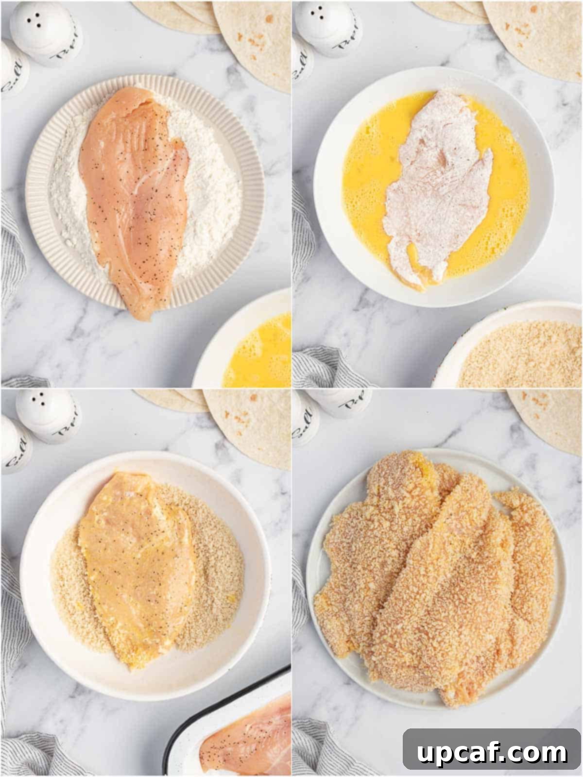 Step-by-step process of dredging chicken for pan-frying, ensuring a perfectly crispy coating.