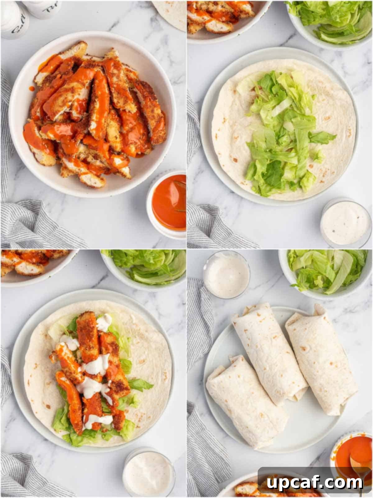 A visual guide showing the step-by-step assembly of a buffalo chicken tortilla wrap, from ingredients to final roll.