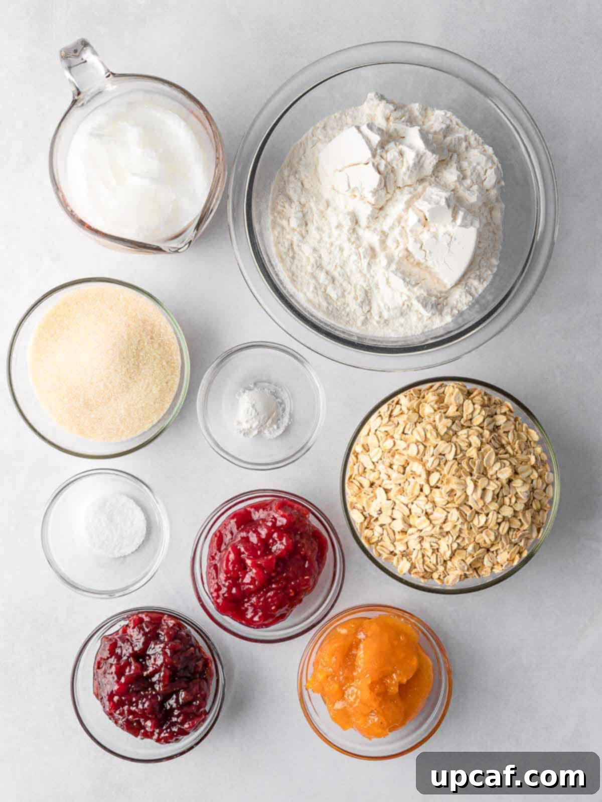 Ingredients needed for oatmeal jam cookies.