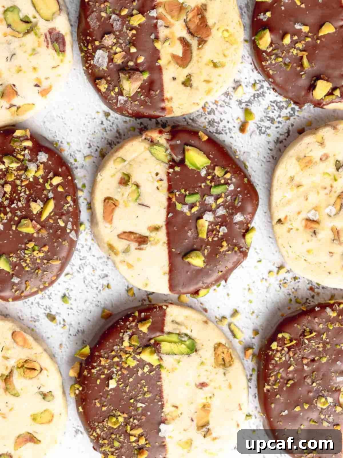 Chocolate dipped pistachio cookies on a tray.