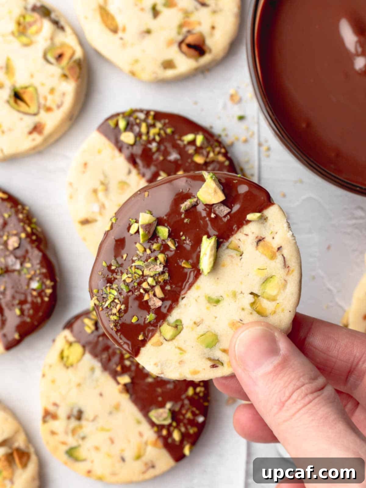 Shortbread cookies dipped in chocolate and topped with pistachios.