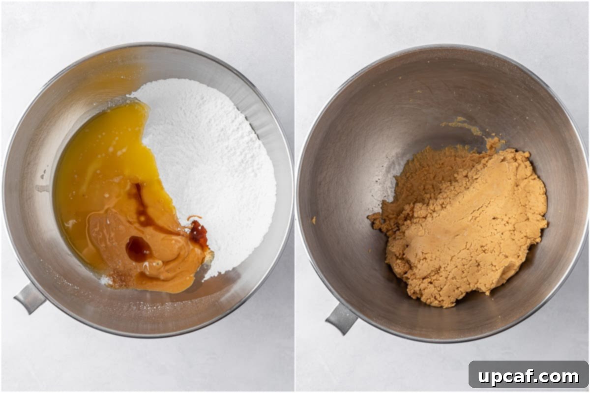 Buckeye Peanut Butter Temptations 5 A stand mixer mixing the ingredients for the easy Christmas candy, showing a thick peanut butter dough forming.