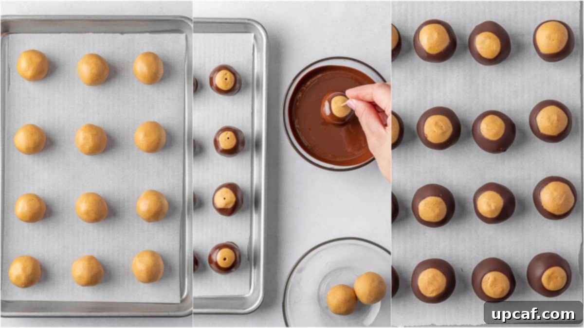 Buckeye Peanut Butter Temptations 6 A close-up view of the process for dipping buckeye candy in melted chocolate, showing a peanut butter ball partially submerged.