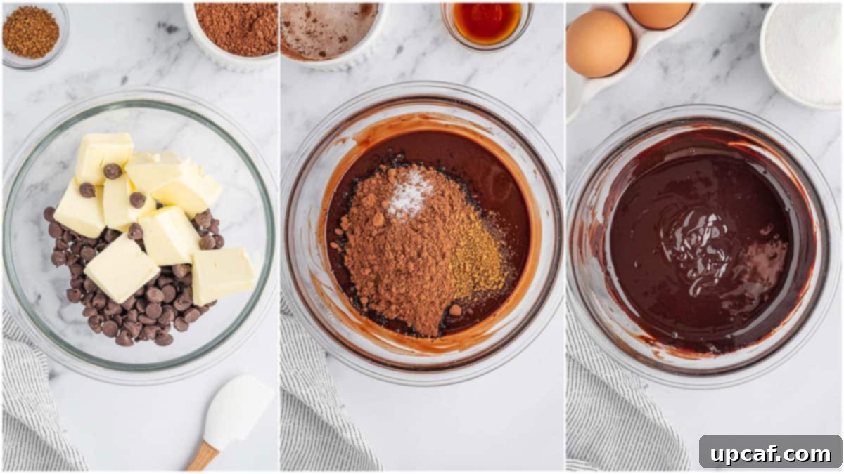 Velvet Chocolate Torte 4 Melting chocolate chips and butter together for the flourless chocolate torte batter.