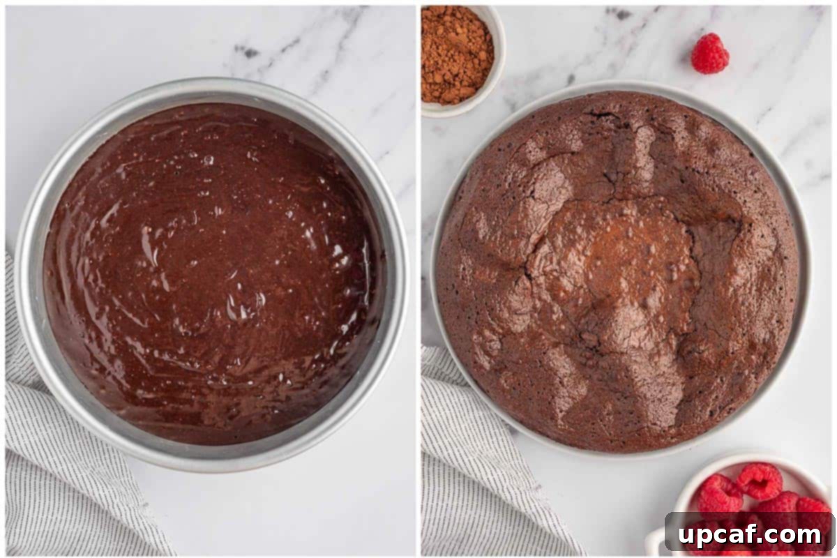 Velvet Chocolate Torte 6 Before and after images of a chocolate cake without flour, showing the raw batter and the perfectly baked torte.