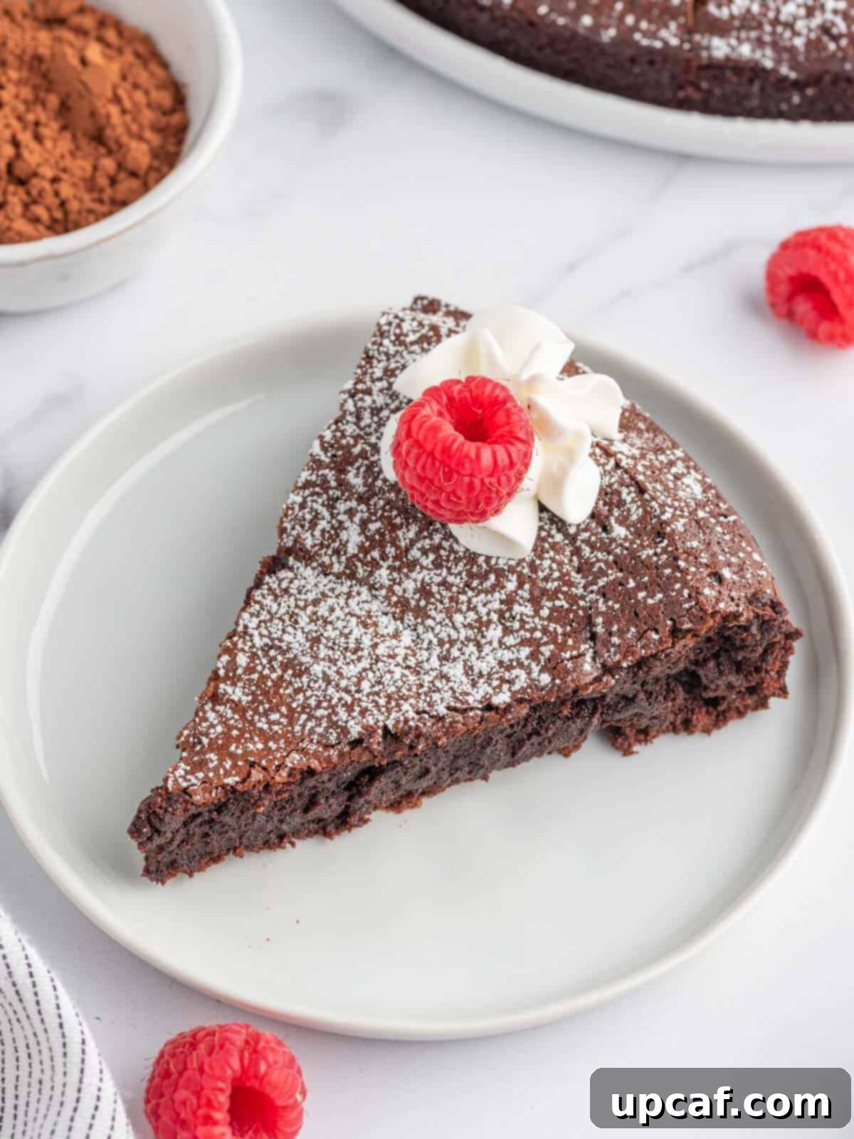 Velvet Chocolate Torte 8 A perfectly sliced piece of chocolate cake without flour, elegantly presented on a plate with fresh raspberries.