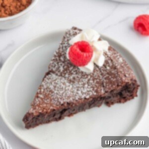 Velvet Chocolate Torte 9 A slice of chocolate cake without flour on a plate and garnished with raspberries.