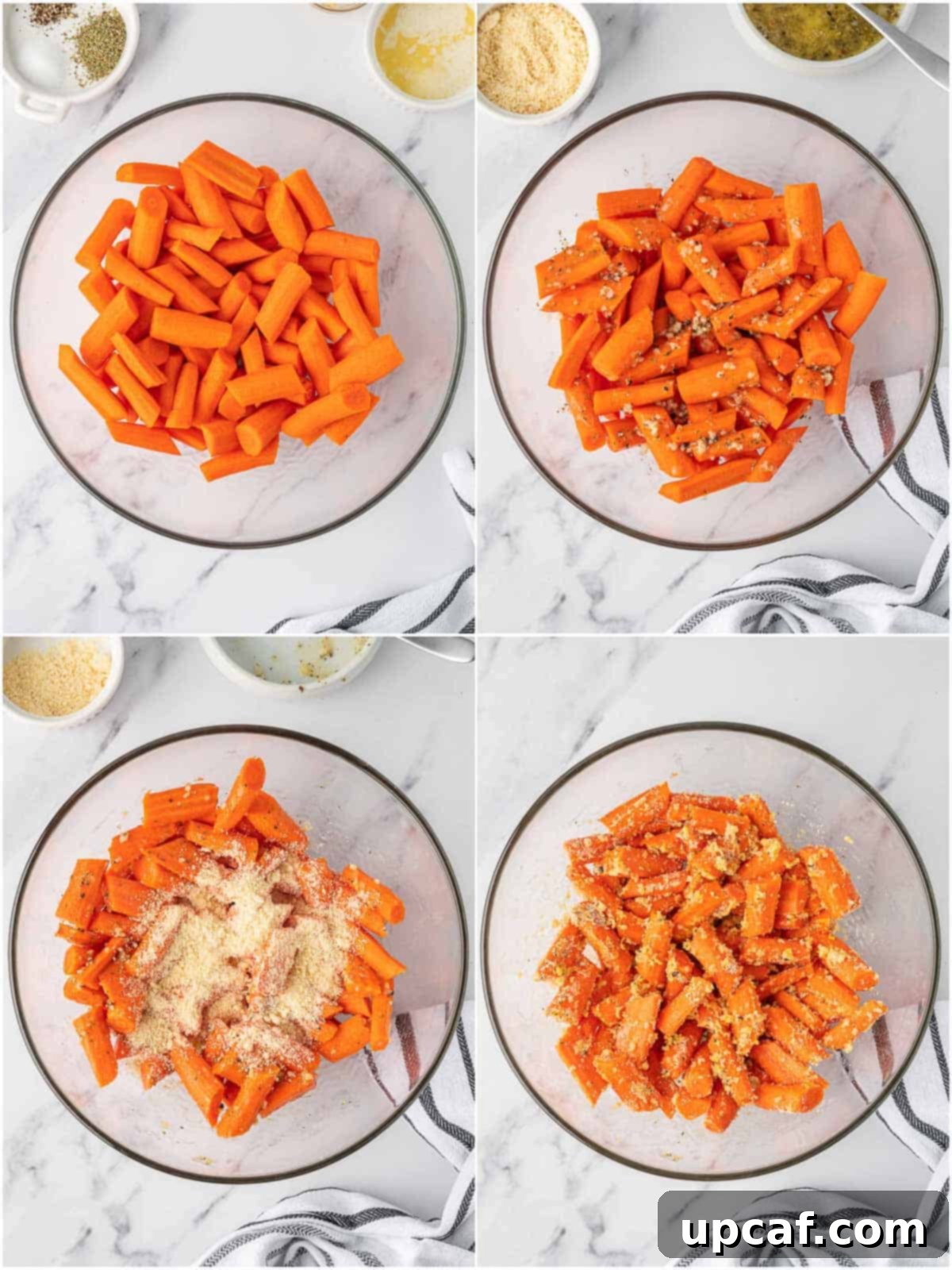 How to cut and season carrots for oven roasting in a bowl.