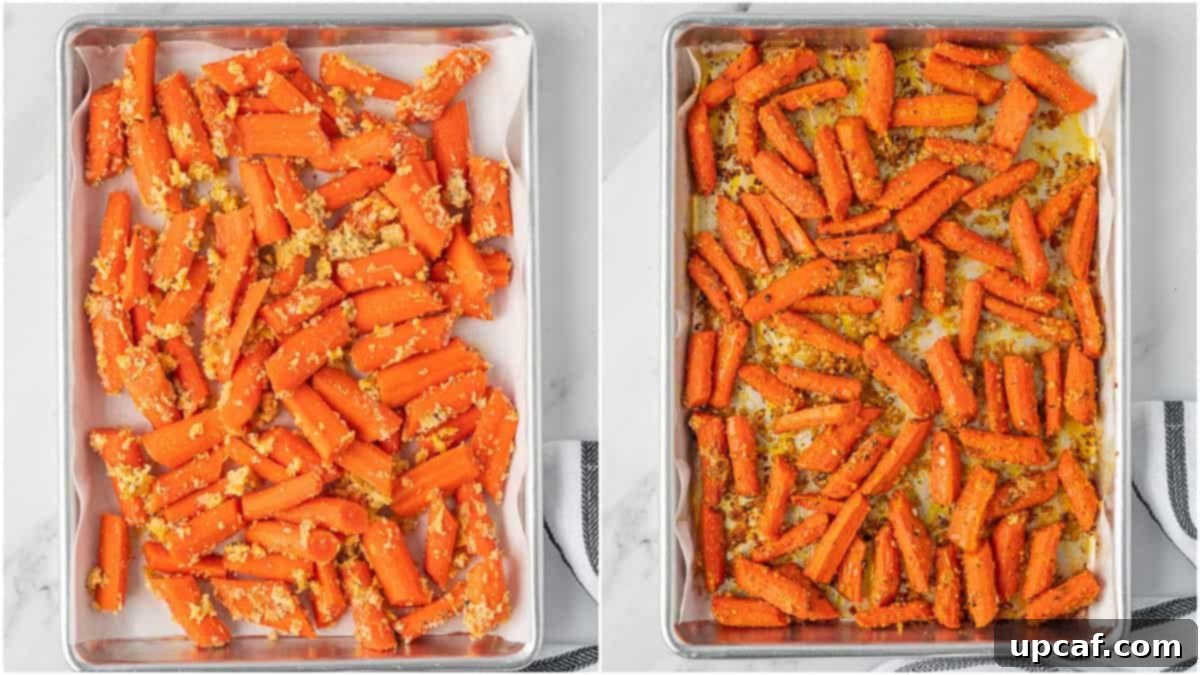 Before and after of seasoned roasted carrots spread on a baking tray.